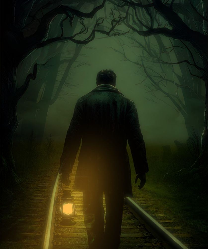 A solitary figure walks down a foggy railway track, holding a glowing lantern. Twisted trees create an eerie atmosphere, as shadows loom in the dense forest.