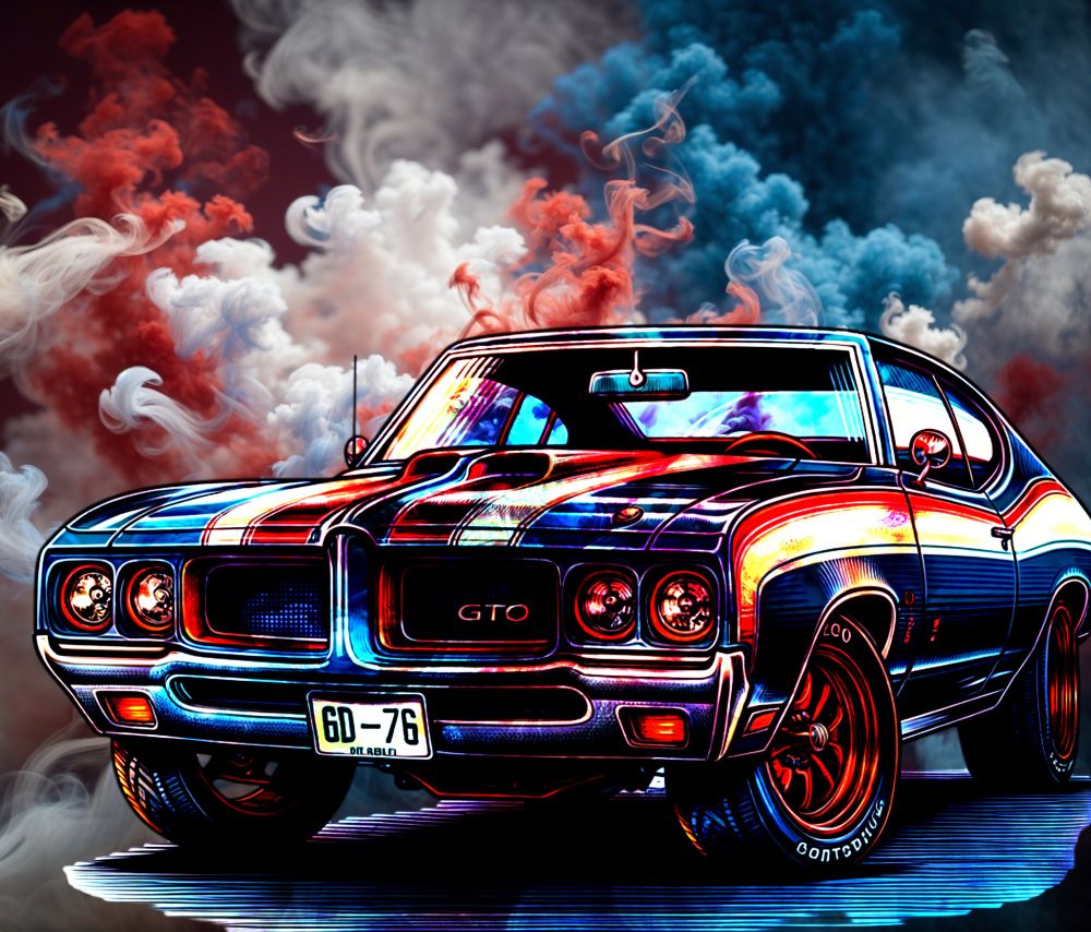 A classic Pontiac GTO muscle car with vibrant colors is surrounded by swirling clouds of smoke in shades of red and blue. The scene creates a dynamic and intense atmosphere, highlighting the retro design and sleek lines of the vehicle.
