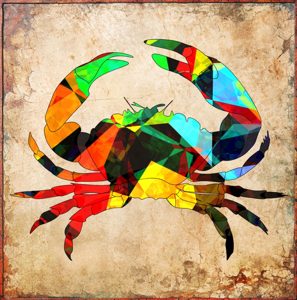 A vibrantly colored geometric crab stands against a textured, rustic background. The multicolored fragments create a mosaic effect, highlighting the crab's unique silhouette.