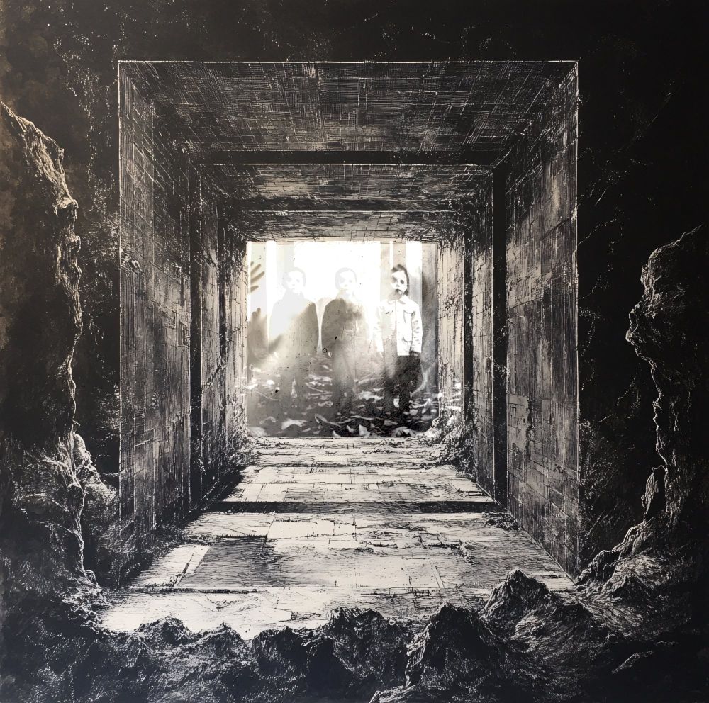 A grim, tunnel-like structure leads to a bright, illuminated space where three indistinct ghost-like figures stand.