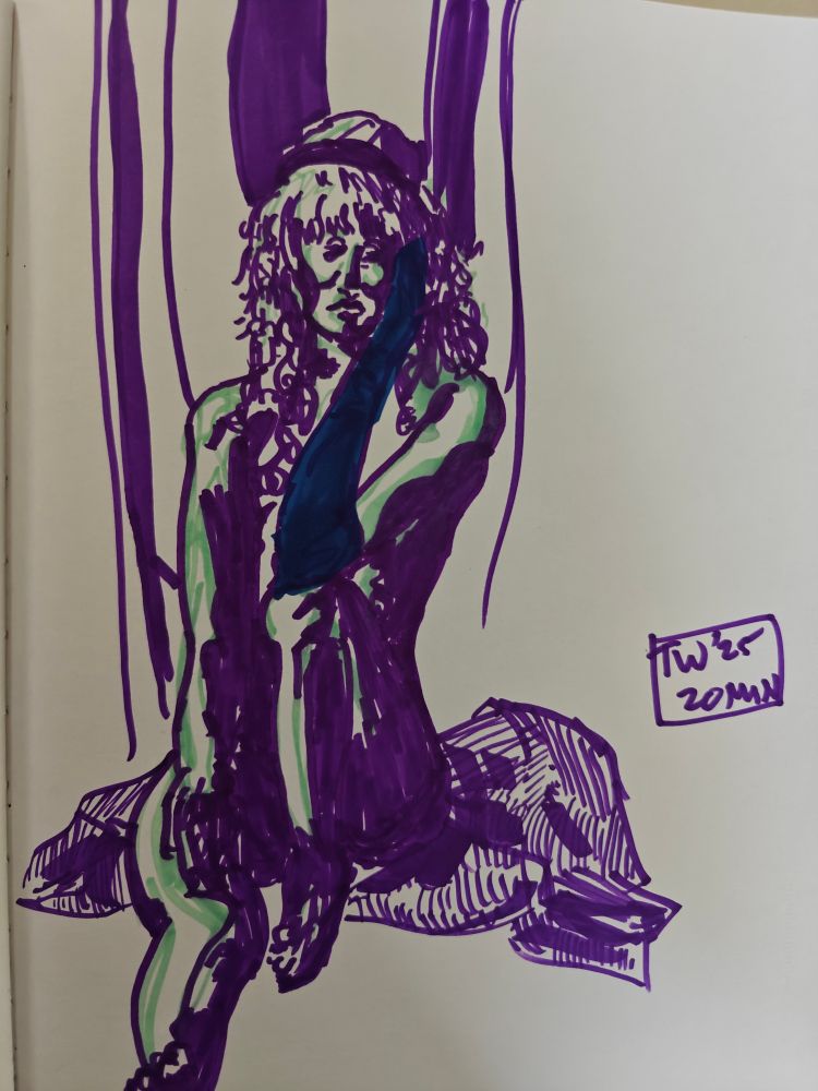 A sketchbook page showing a nude woman drawn in purple and green marker