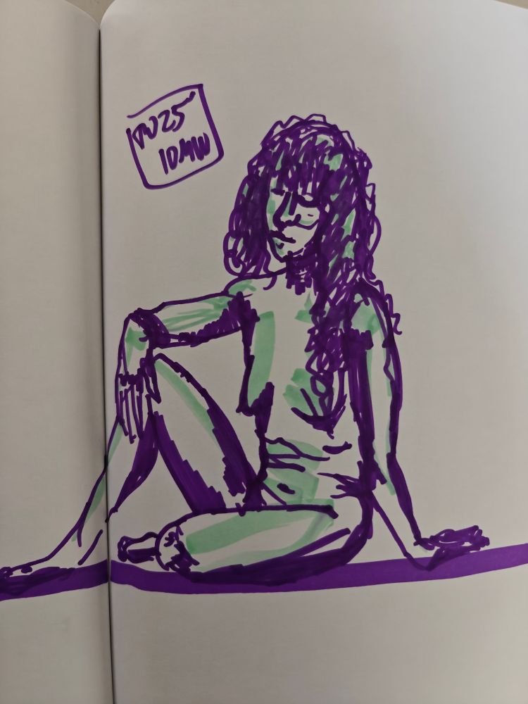 A sketchbook page showing a nude woman drawn in purple and green marker