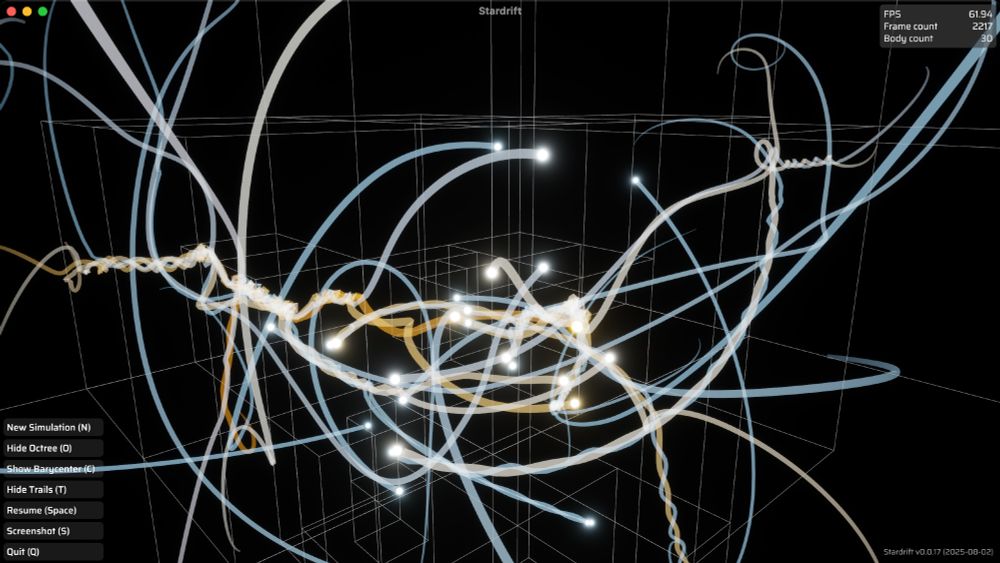 Screenshot of the Stardrift project showing 30 bodies' gravitational interactions evolving in real time, with the spatial octree grid visible as well. It looks pretty sciency.