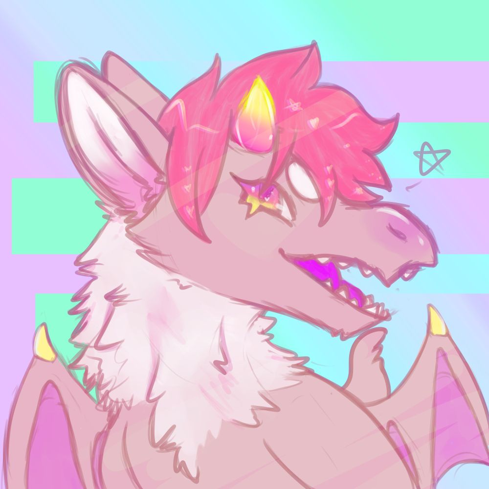 A fuzzy dragon in different shades of pink. She has forward swept magenta hair, horns that are pink and yellow and eyes that are purple, pink and yellow. She sits in front of a pastel background of different shades of blues, greens and purples.