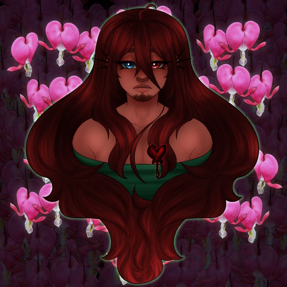 My OC Ronny amidst a background of bleeding-heart flowers, also known as Dicentra. he has a slightly upset expression with knitted brows and a relaxed frown, his hair framing him in a similar shape to the flower while a drawn "bleeding heart" lays over his chest.