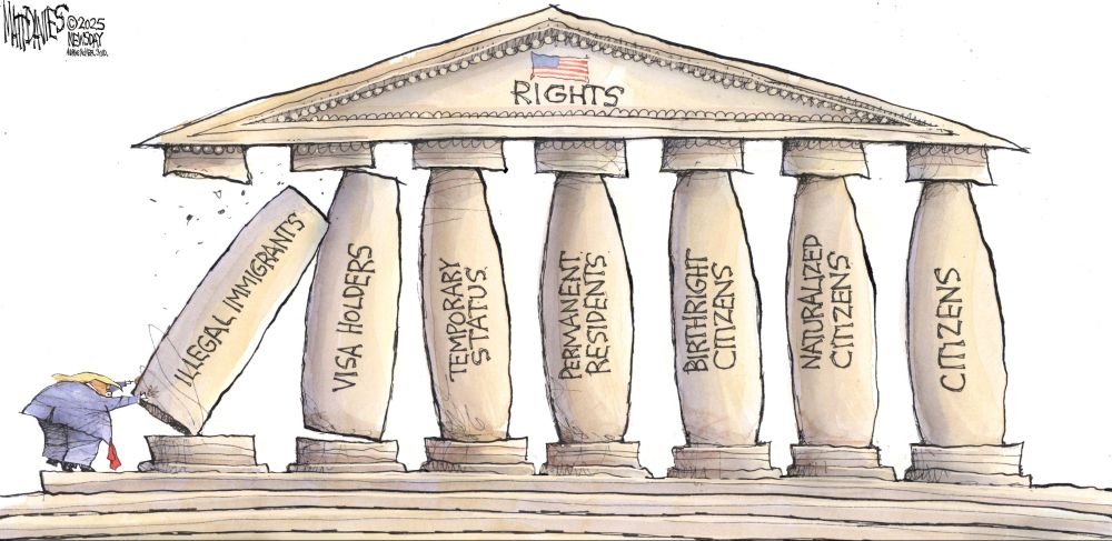 Cartoon of Trump pushing against pillars holding up American rights.
He's pushing down the pillars which are set to fall like dominos.
1st is "illegal immigrants". 2nd pillar is "visa holders", 3rd pillar is "temporary status", 4th is "Permanent residents",  5th is "naturalized citizens", 6th is "citizens".