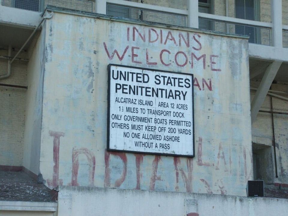 Photo of Alcatraz penitentiary from 1968. Painted on old concrete, 