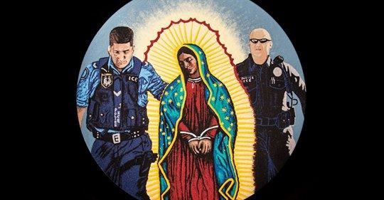 An image of Our Lady of Guadalupe being led away, hands tied with ropes, by uniformed immigration officers