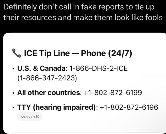 A heading that says: "Definitely don't call in fake reports to tie up their resources and make them look like fools."
Then there are phone numbers for the ICE tip line.
In U.S. and Canada it is 1-866-347-2423