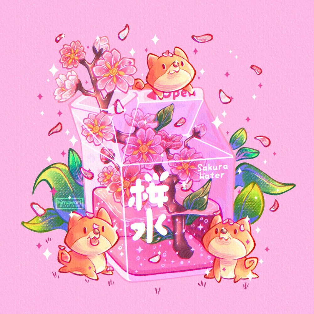 A carton of pink liquid with a branch of sakura flowers growing out of it. 3 chibi-style shiba inus sit around the outside of the carton.