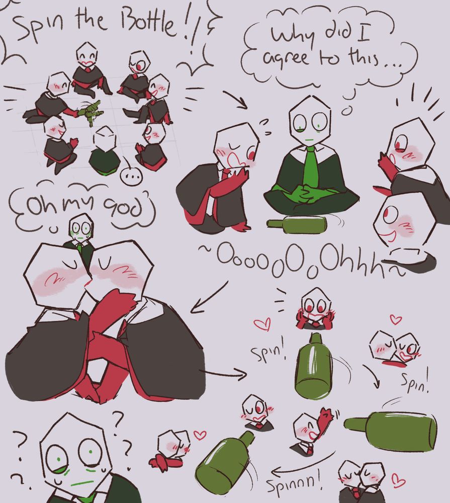 comic with informal panels: the concept is that the other pippinses invited battat to play spin the bottle with them.

1. battat and 6 other pippinses sitting in a circle playing spin the bottle. battat is sitting bottom center with his back turned to the camera. the pippins 2 to his left is spinning a green bottle in the middle of the circle.

2. the bottle landed on the pippins to battat's right and they are looking joyfully flustered as the other pippinses cheer at them. battat sits with his hands clasped in his lap staring at the bottle. he thinks "Why did I agree to this..."

3. battat watches frozen as two pippinses kiss in front of him thinking "Oh my god"

4. a series of mini doodles of the bottle spinning and landing on different pippinses who proceed to kiss the previous winner and so on. battat sits silently confused.