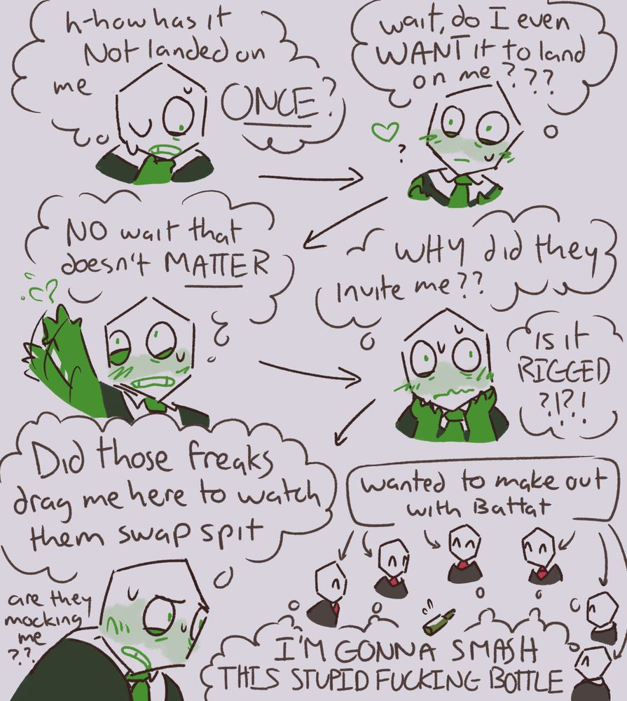 page 2: battat has a battat moment

1. battat holding his chin looking down while sweating nervously "h-how has it Not landed on me ONCE?"

2. battat looks up "wait, do I even WANT it to land on me???" a little green heart appears next to him with a question mark?

3. battat swipes and waves the heart away quickly "No wait that doesn't MATTER"

4. battat holds the bottom of his face looking flustered "WHY did they invite me??" "is it RIGGED?!?!"

5. battat stares at the other pippinses with his teeth clenched "Did those freaks drag me here to watch them swap spit" "are they mocking me??" the other pippinses are smiling (unhappily) at the bottle. they are all thinking the same thing "I'M GONNA SMASH THIS STUPID FUCKING BOTTLE" (all wanted to make out with battat"