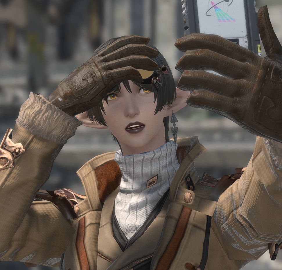 shrimpy (dark haired elf character) holding up her phone for a selfie but also using her other hand to fix the front of her hair with a surprised face (messy hair...)