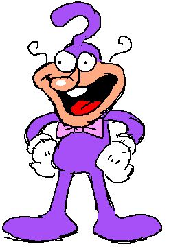 The Quoise. His purple hat is shaped like a question mark and he wears a light pink bowtie with his purple suit and white gloves. He's unfortunately white. His tooth is round.