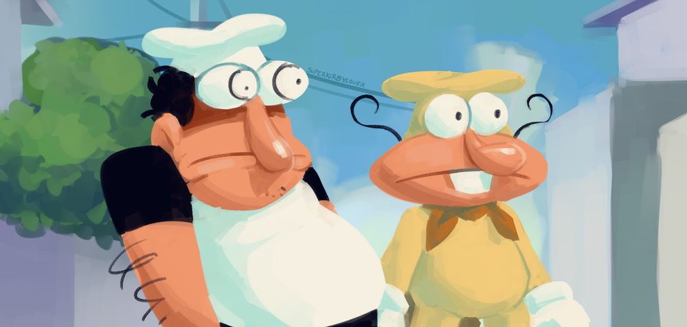 Painted illustration of Peppino and The Noise looking in front of them. Noise looks blankly, while Peppino looks in shock.
Background is sometime around noon and vague silhouettes of buildings are seen in the back, including some other town infrastructure like telephone poles.