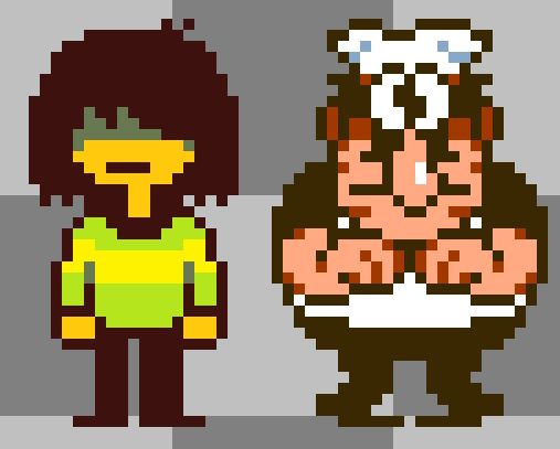 Peppino in the style of DELTARUNE. He's placed next to Kris for comparison.