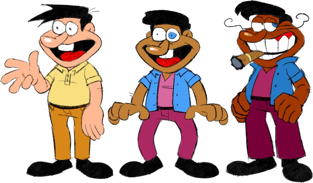 From left to right: The Noise, The Doise, and El Diego. All three are out of their costumes.
Noise is wearing a yellow polo with dull-orange pants. He has a black belt and matching black shoes. His black hair is spiky and a little long in the front.
Doise wears an unbuttoned blue button-up tee with a pink v-neck tanktop. With it, he has dark pink pants, a black belt and matching black shoes. His hair is a small black pompadour.
El Diego wears a dark blue unbuttoned button-up tee, collar flared. Under it, he has a dark pink v-neck tanktop. His pants are a very dark pink, the pant legs being wide. He has a matching black belt and shoes. His black hair is long in the front like Noise's, but it curls down towards his face. He's also the only one with a real mustache. El Diego has a cigar in his mouth.