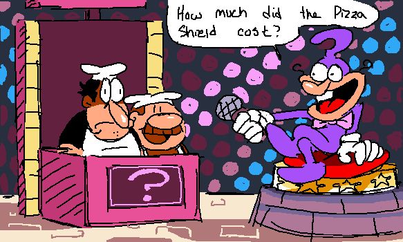 The Quoise, in a room inspired by the quiz sections from Paper Mario: The Thousand Year Door. He sits on a pedistal, holding out a mic towards Peppino and Gustavo, who are standing in a booth from quiz shows. Quoise asks them, "How much did the Pizza Shield cost?"