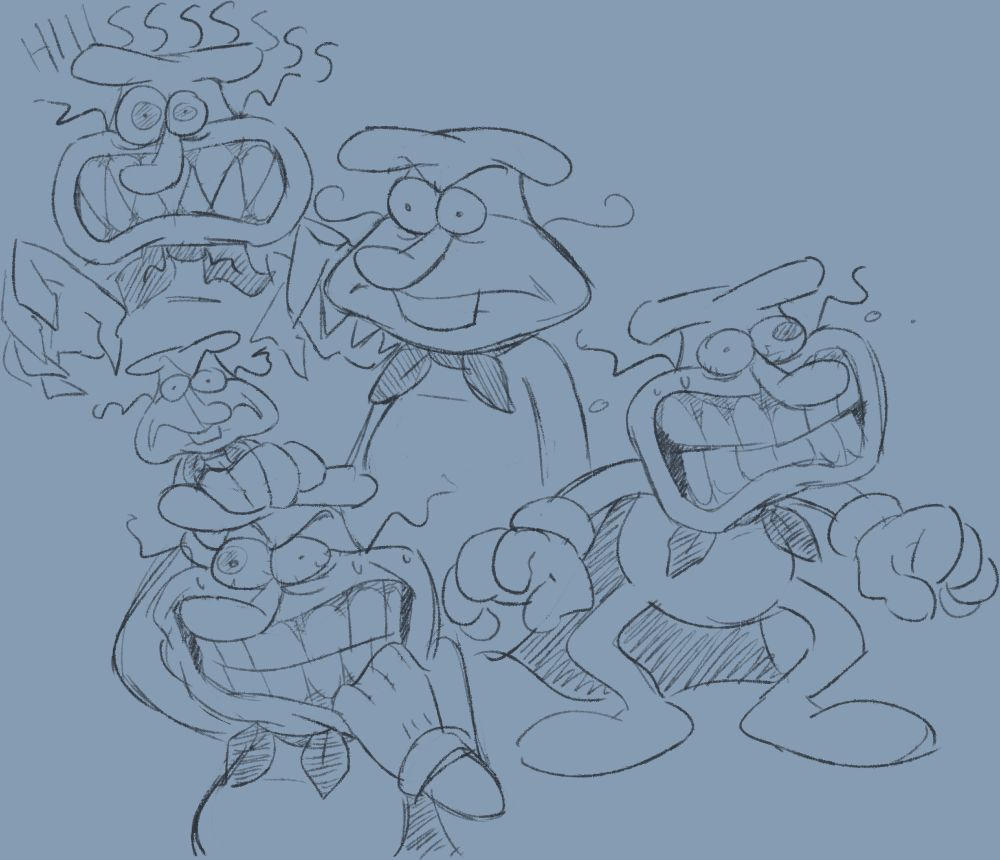 Five sketches of The Noise being angry. Two of them have him gritting his teeth, one of which is him pulling on his lip and grasping his mask-hat. Another has him with sharp teeth and hissing. The other two are him generally being grumpy.