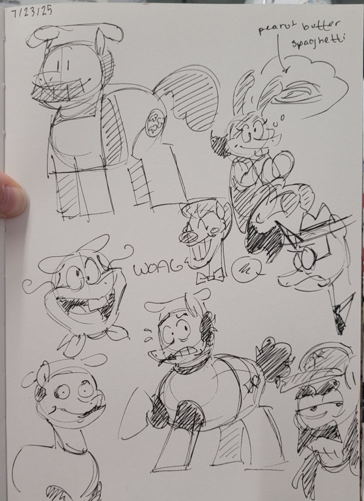 Various doodles dated 7/23/25, featuring Gustavo, Noisette, Noise, Pizzahead, Mr. Stick, Fake Peppino, Peppino, and Maurice as ponies.
Noisette is thinking of peanutbutter spaghetti. Noise is cross eyed saying "WOAG". Stick is irritated. Peppino is nervous.