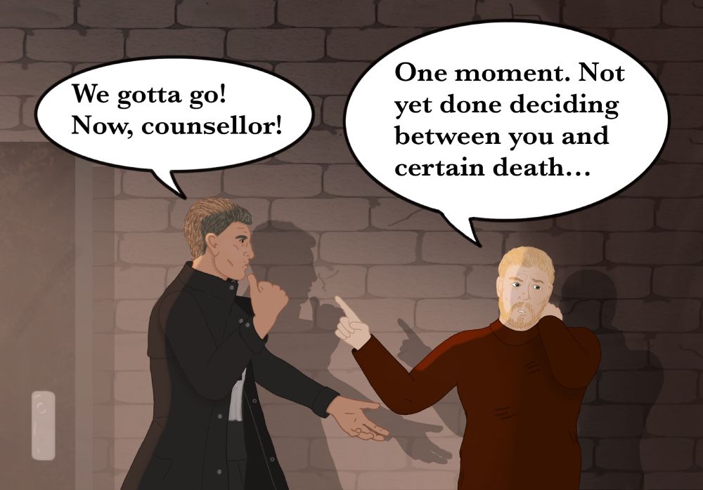 Punisher/Daredevil fanart, showing Frank Castle and Foggy Nelson. Frank offers one hand to Foggy while the other points away as he says “we gotta go! now, counsellor!” Foggy holds up one hand towards Frank and scratches his neck with the other. His expression is hesitant and he says, “Wait… Not yet done deciding between you and certain death…” They are in some sort of dungeon. Behind Frank an exit door stands open.