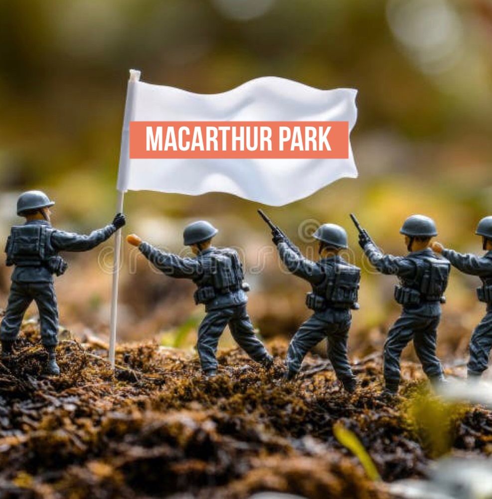 Toy soldiers put up a MacArthur Park flag