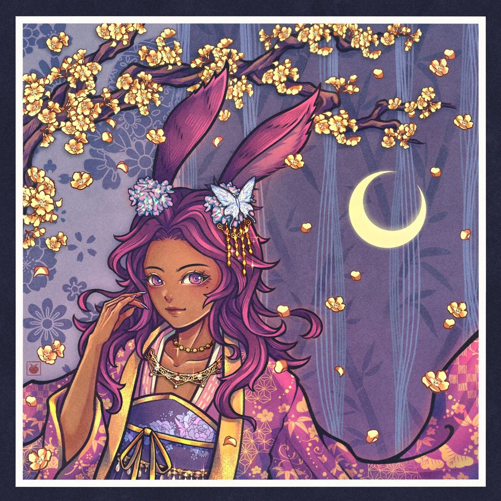An oriental styled bust up portrait of a purple haired viera woman, wearing a purple and gold kimono with golden and silver jewelry. The background is lavender with styled patterning. A tree branch is gently shedding golden petals as the moon wanes behind.