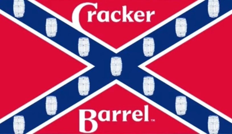 Revisionist idea for the Cracker Barrel logo using the red white and blue confederate flag as inspiration red background with a corner to corner blue cross with white barrels on the blue cross. 