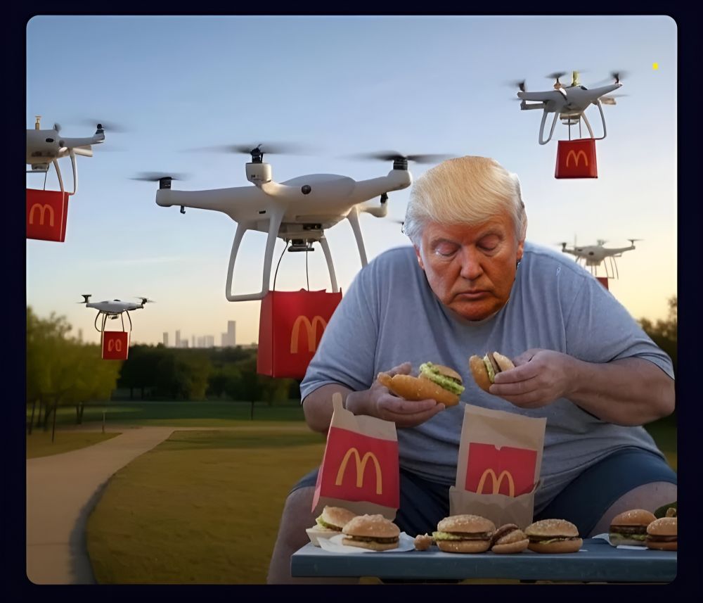 Digitally altered picture of Trump eating McDonald's with two fists while drones airlift more McDonald's food deliveries to him. Originally the meme was supposed to be Chris Christie and posted by Trump to social media. Trump loves to fat shame other politicians. Interestingly he himself has terrible eating habits and is also fat. 
