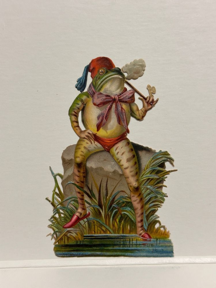 A Victorian (or Victorian-esque) illustration of a frog sitting on a rock in a red Speedo and a red fez with a pink bow tied around its neck. Also smoking a pipe and looking superior. Or I think it's a pipe. It's got a long pipe vibe, whatever it is.