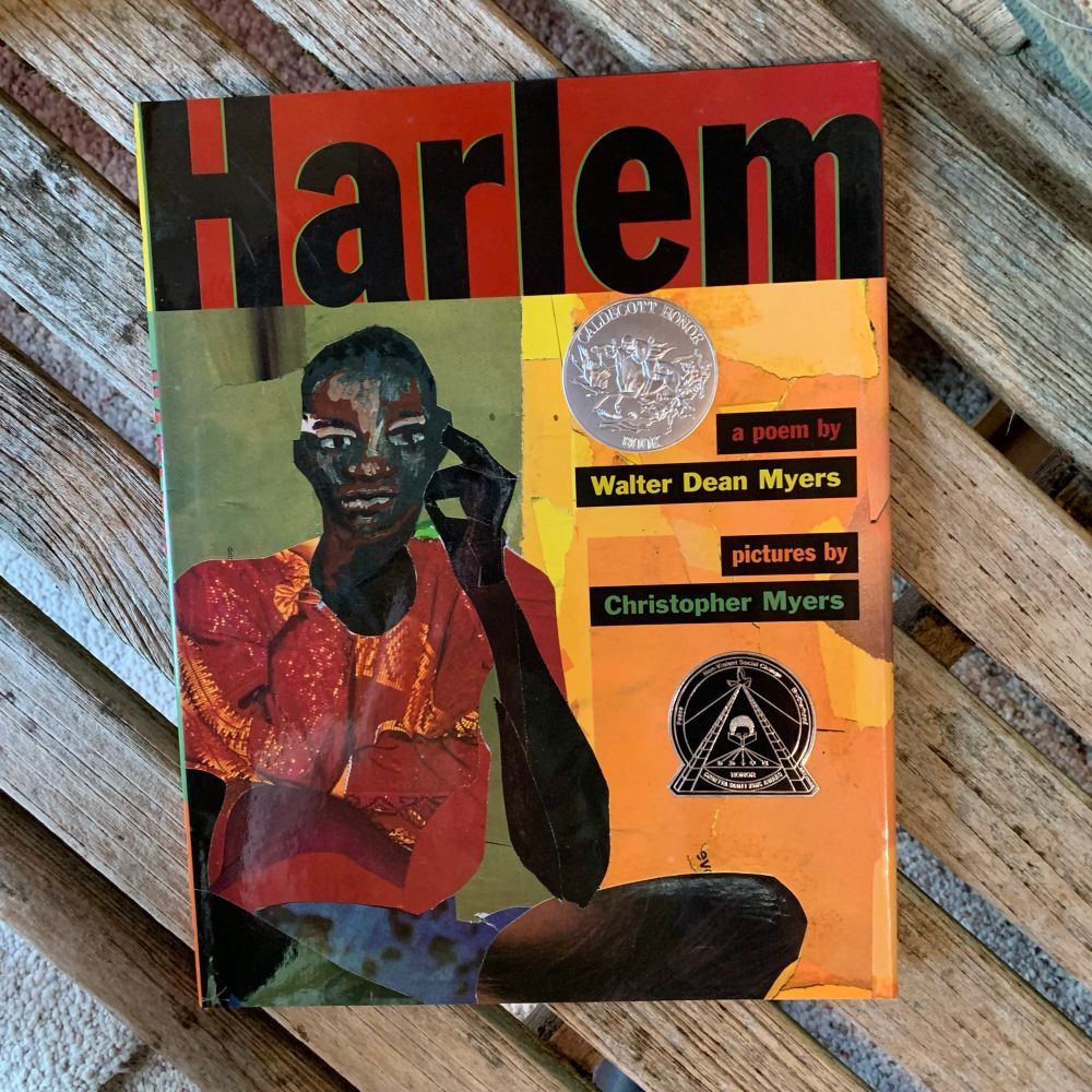 Book: Harlem,a poem by Walter Dean Myers with pictures/art by Christopher Myers. 