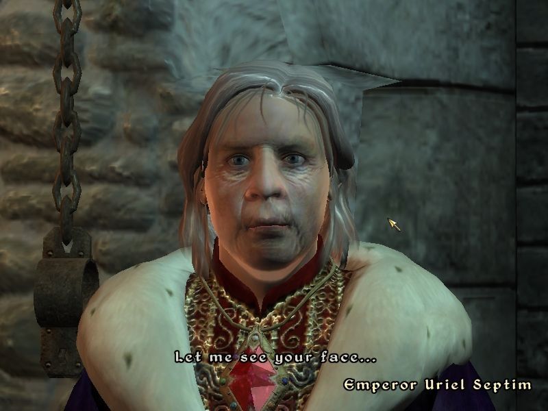 An old man wearing royal clothing named "Emperor Uriel Septim" says "Let me see your face."