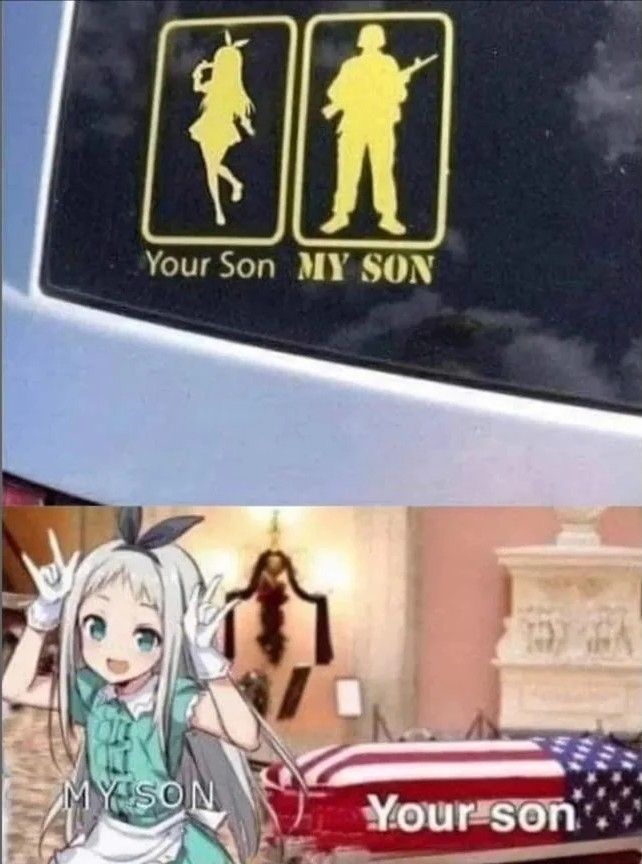 Top panel: bumper sticker on back of car with silhouette of anime girl and label 