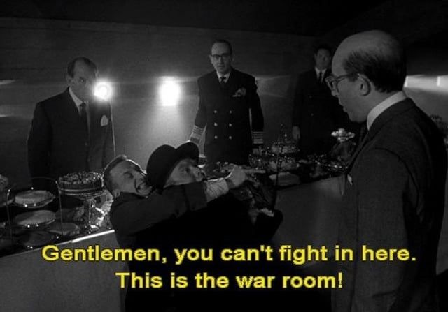 Screenshot from the film Dr. Strangelove with the caption, 