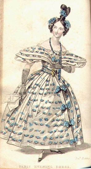 Fashion plate from the early 1830s. A woman in a towering hairdo decorated with blue flowers wears a voluminous white dress printed with what appears to be rows of blue crabs. She wears black flats with lacing up the legs and black net gloves.