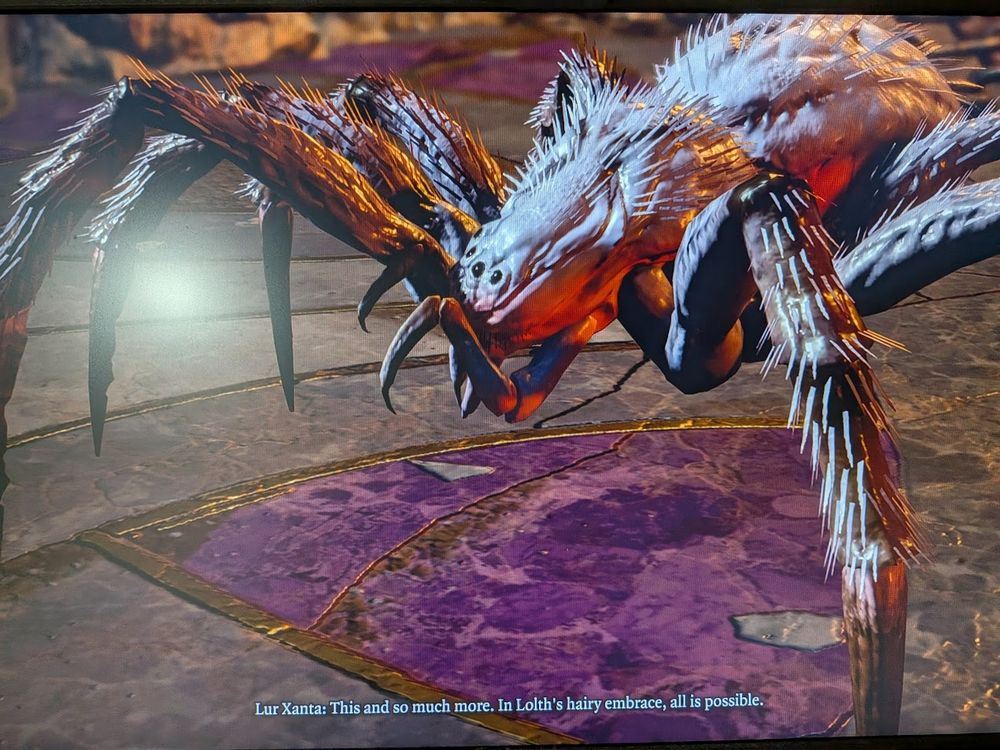 A screenshot of the video game Baldur's Gate 3, where a large spider named Lur Xanta tries to convince her brothers to join her and worship Lolth, saying "This and so much more. In Lolth's hairy embrace, all is possible."