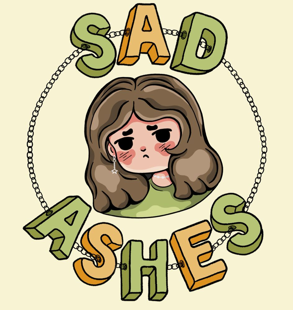 A sad chibi girl with brown hair in the centre of a chain bracelet with the words sad ashes as beads