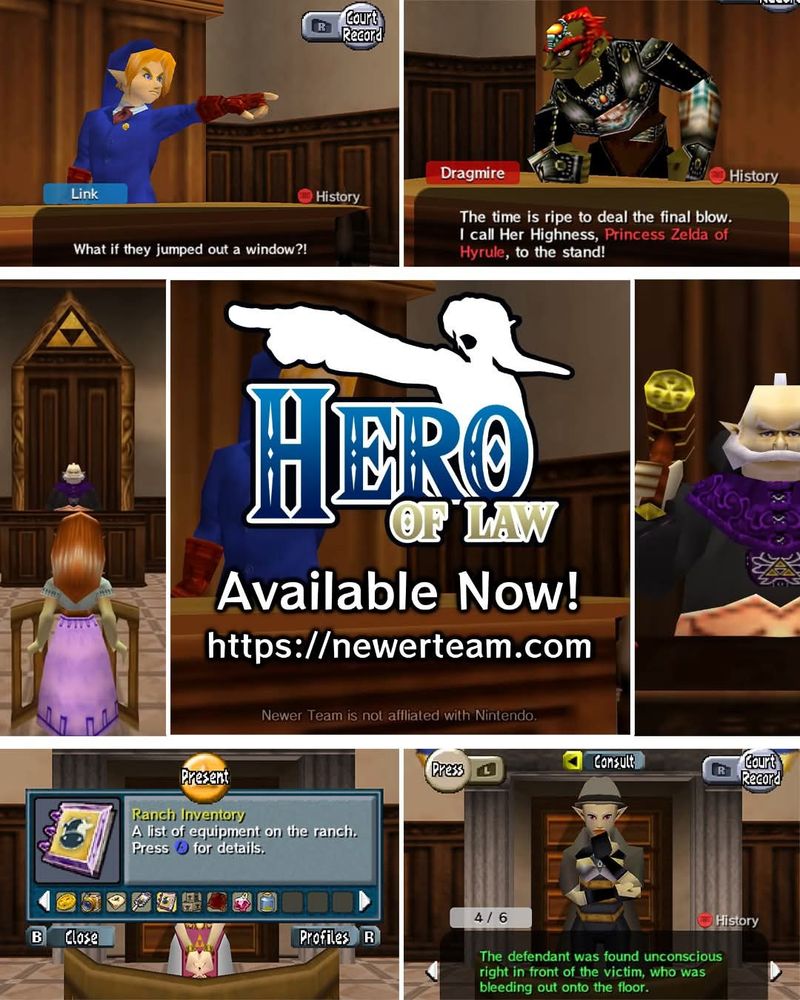 Collage of pictures of Hero of Law, a fan video game using Ocarina of Time assets for a Phoenix Wright game