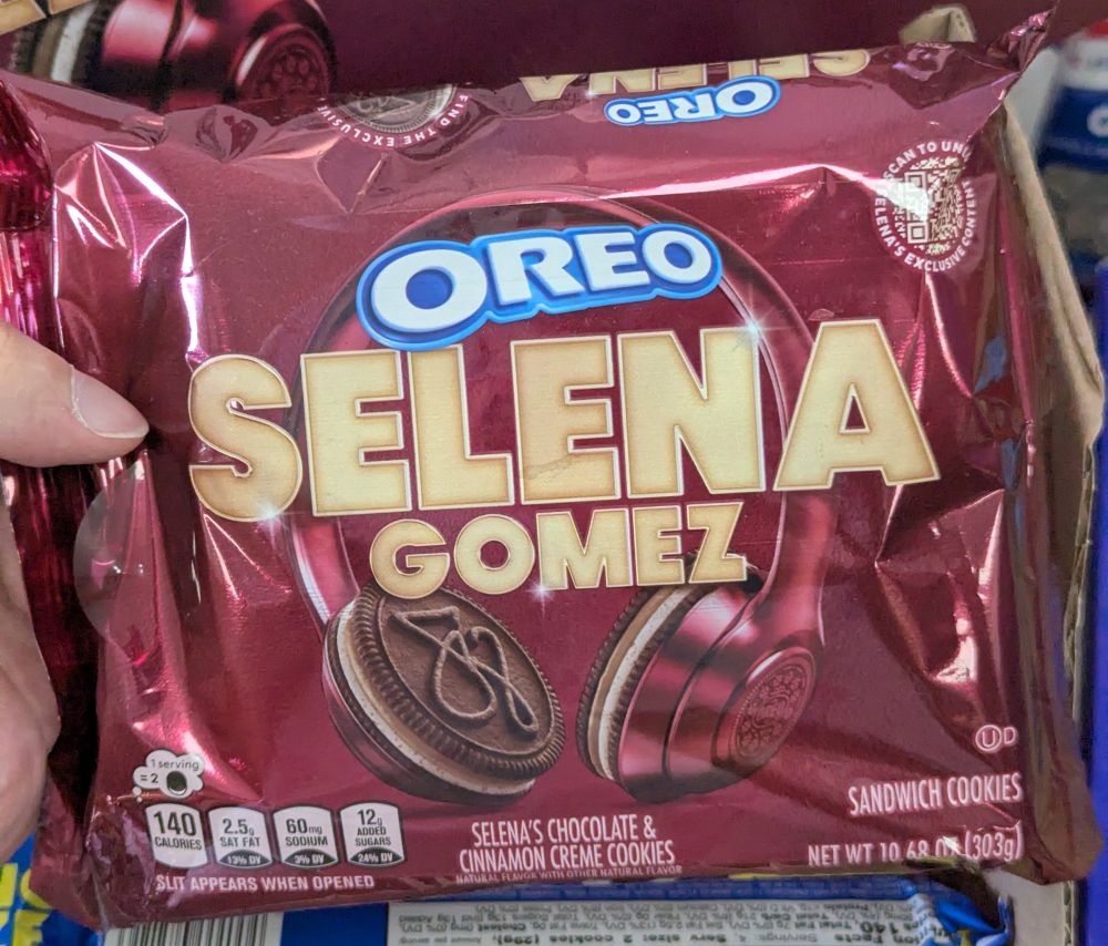 A crimson package of Oreo Selena Gomez cookies.