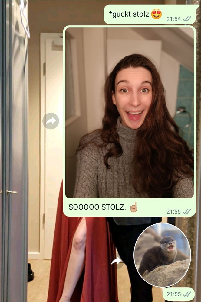 WhatsApp-Verlauf mit drei Nachrichten von mir.
Erste Nachricht: "guckt stolz"
Zweite Nachricht ist ein Selfie, mit einem versucht begeistert aussehenden Gesichtsausdruck, darunter der Text "SOOOO STOLZ".
Dritte Nachricht: ein Otter-Sticker mit einem Baby-Otter, der in etwa den gleichen Gesichtsausdruck hat, nur halt in niedlich, im Gegensatz zu mir.