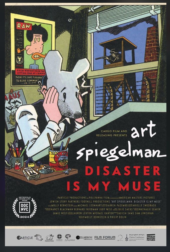 Art Spiegelman poster for Disaster is My Muse. Art sits at his drafting table with a cigarette and a five o' clock shadow. Outside his window, we see horrific inevitabilities. Those who describe such inevitabilities are surely flagged somehow. If you've read Maus/the news, you'll get the general idea. 