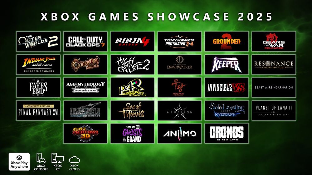 Game logos from the Xbox Games Showcase 2025 are shown. The Xbox Play Anywhere badge and logos for Xbox Console, Xbox PC, and Xbox Cloud are show in the bottom left corner. Game logos shown are: The Outer Worlds 2, Call of Duty: Black Ops 7, NINJA GAIDEN 4, Tony Hawk's Pro Skater 3 + 4, Grounded 2, Gears of War: Reloaded, Indiana Jones and the Great Circle The Order of Giants, Clockwork Revolution, High on Life 2, The Blood of Dawnwalker, Keeper, Resonance A Plague Tale Legacy, At Fate's End, Age of Mythology Retold Heavenly Spear, Persona 4 Revival, MUDANG: Two Hearts, Invincible VS, Beast of Reincarnation, Final Fantasy XVI Complete Edition, Final Fantasy VII Remake Intergrade, Sea of Thieves, Aphelion, Solo Leveling: ARISE Overdrive, Planet of Lana II Children of the Leaf, Super Meat Boy 3D, There Are No Ghosts At The Grand, Aniimo, Cronos: The New Dawn