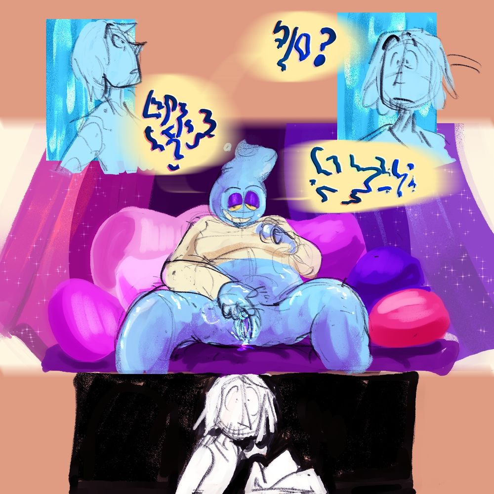 wd pg 2, the man is addressed by a transmasc being touching himself and speaking in a dream language. the man is rock hard