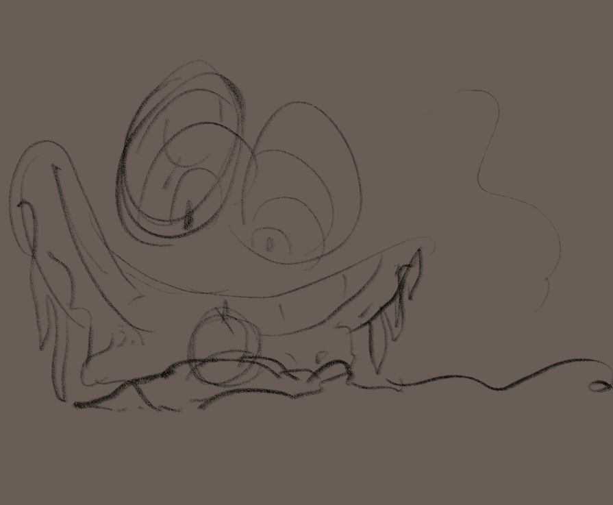 from behind, a giant face salivates watching him succumb to whatever is happening