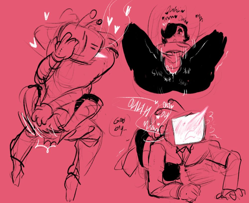 three drawing of tenna fucking mettaton mating press style. tenna has steam rising from his vents as he fucks down into mtt, who’s own fans are whirring
mtt: good boy…
tenna: (moaning)