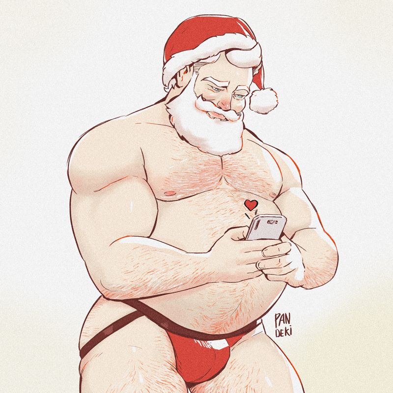 Papai Noel, mexendo no celular, apenas de gorro e usando jockstrap.