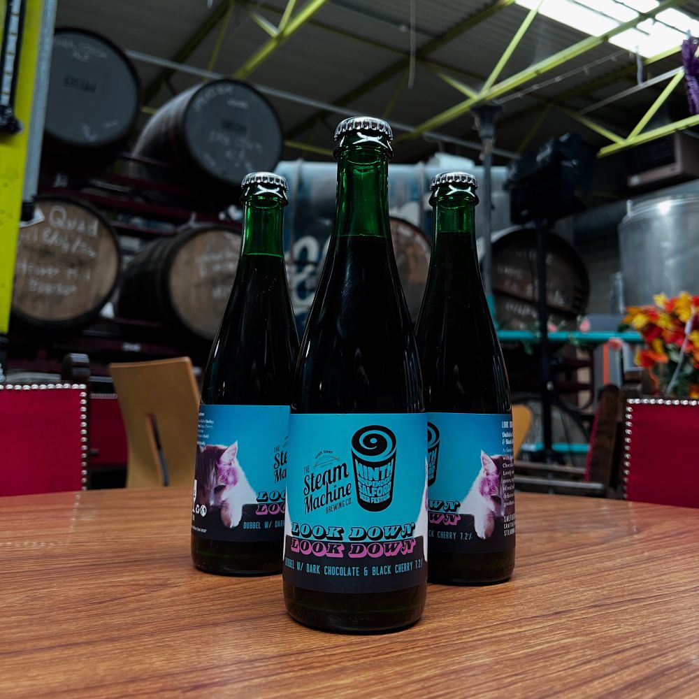 An image of bottles of Look Down Look Down beer on a table with Steam Machine Brewing Co. in the background