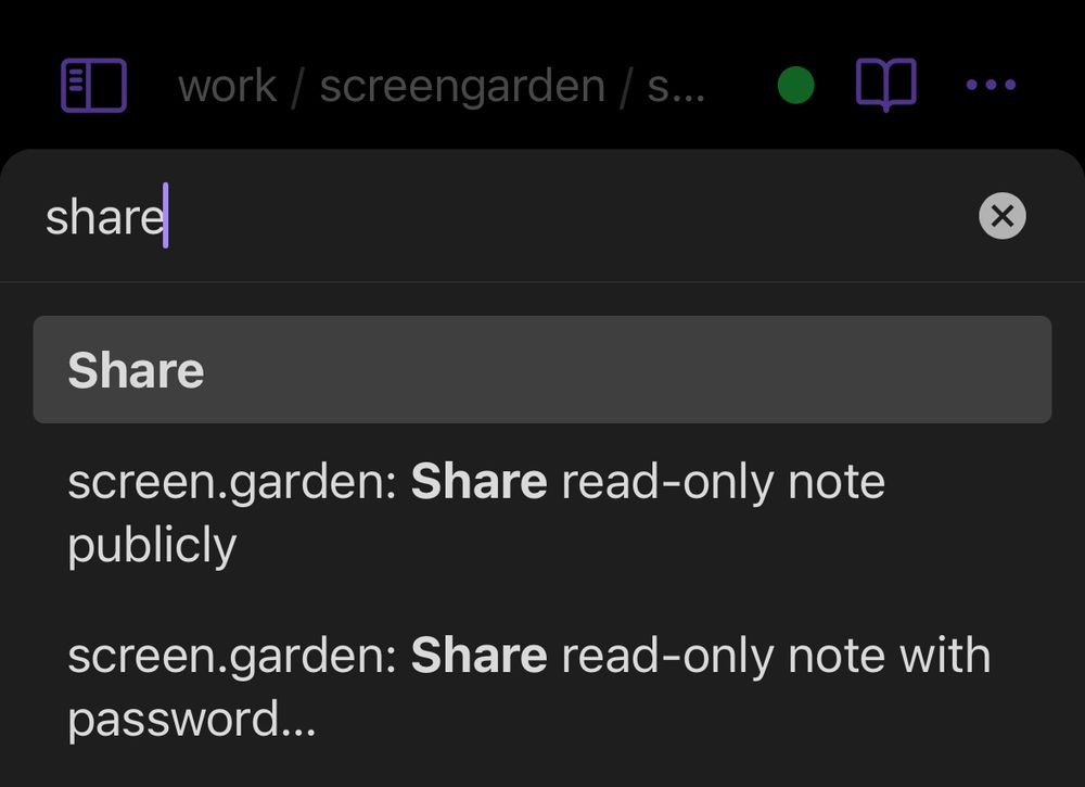 A list of screen.garden share commands in the Obsidian plugin