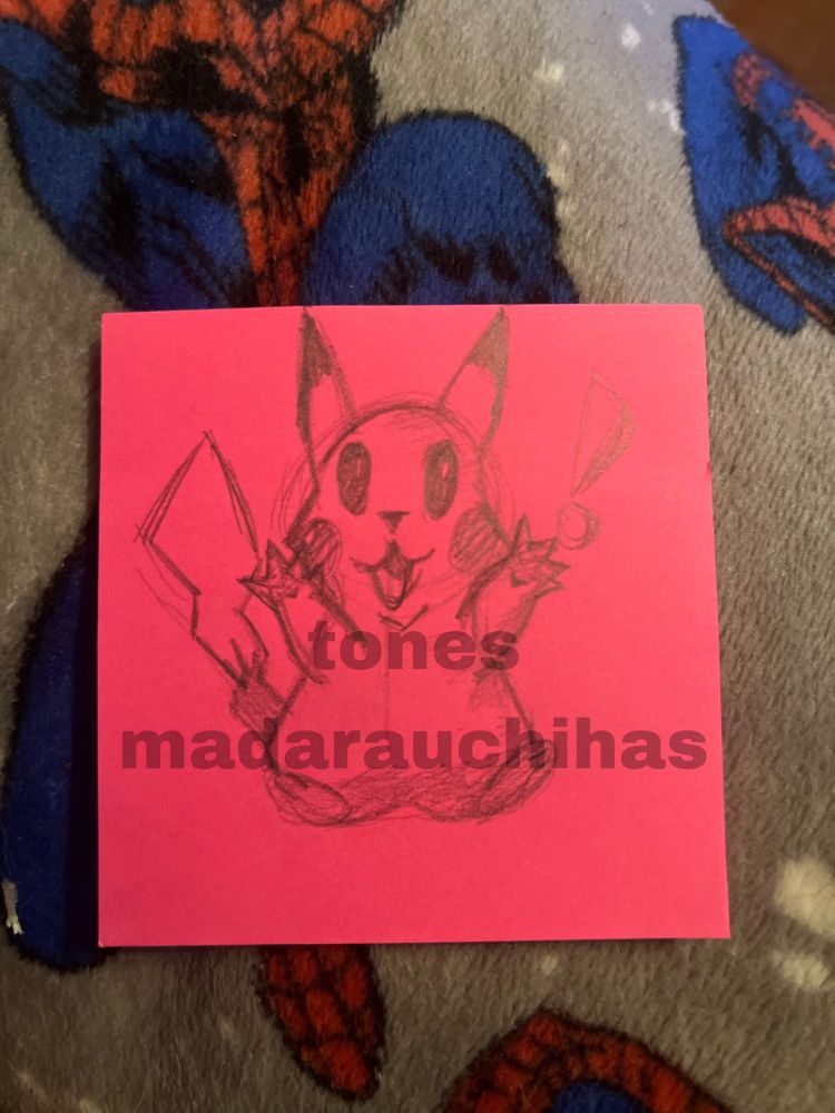 pencil pikachu sketch on a pink sticky note, its arms are up as if it is jumping with an exclamation point to the side 