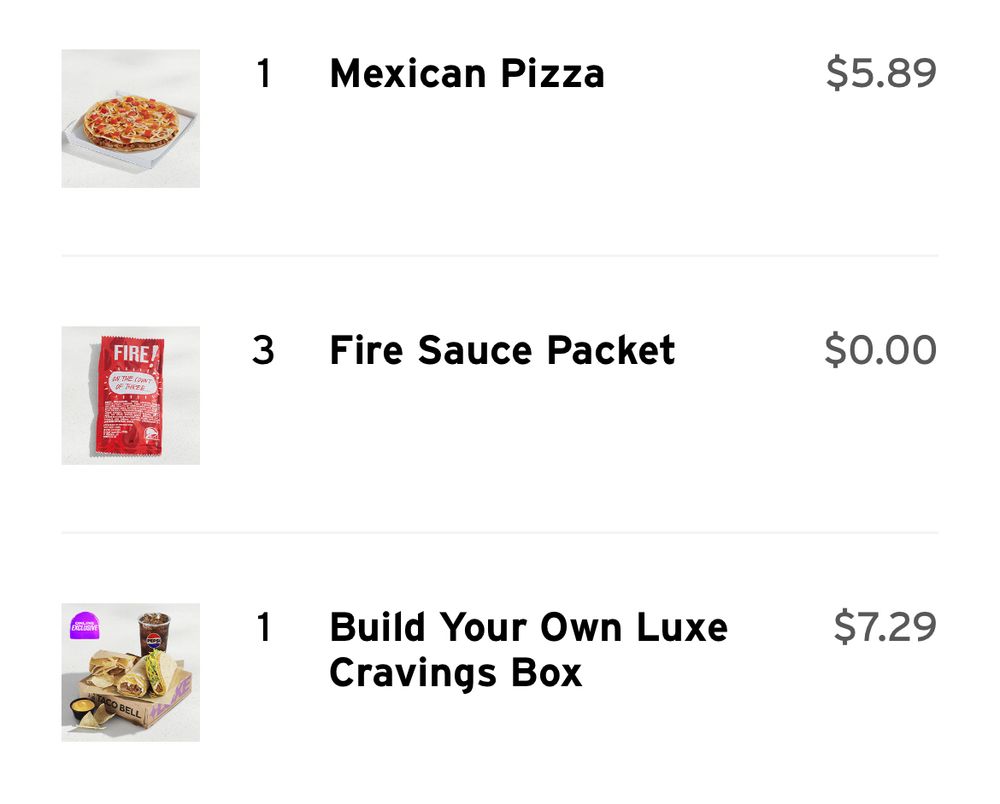 taco bell order screenshot! got a free mexican pizza w a five dollar purchase, fire sauce, and a build your own luxe cravings box 